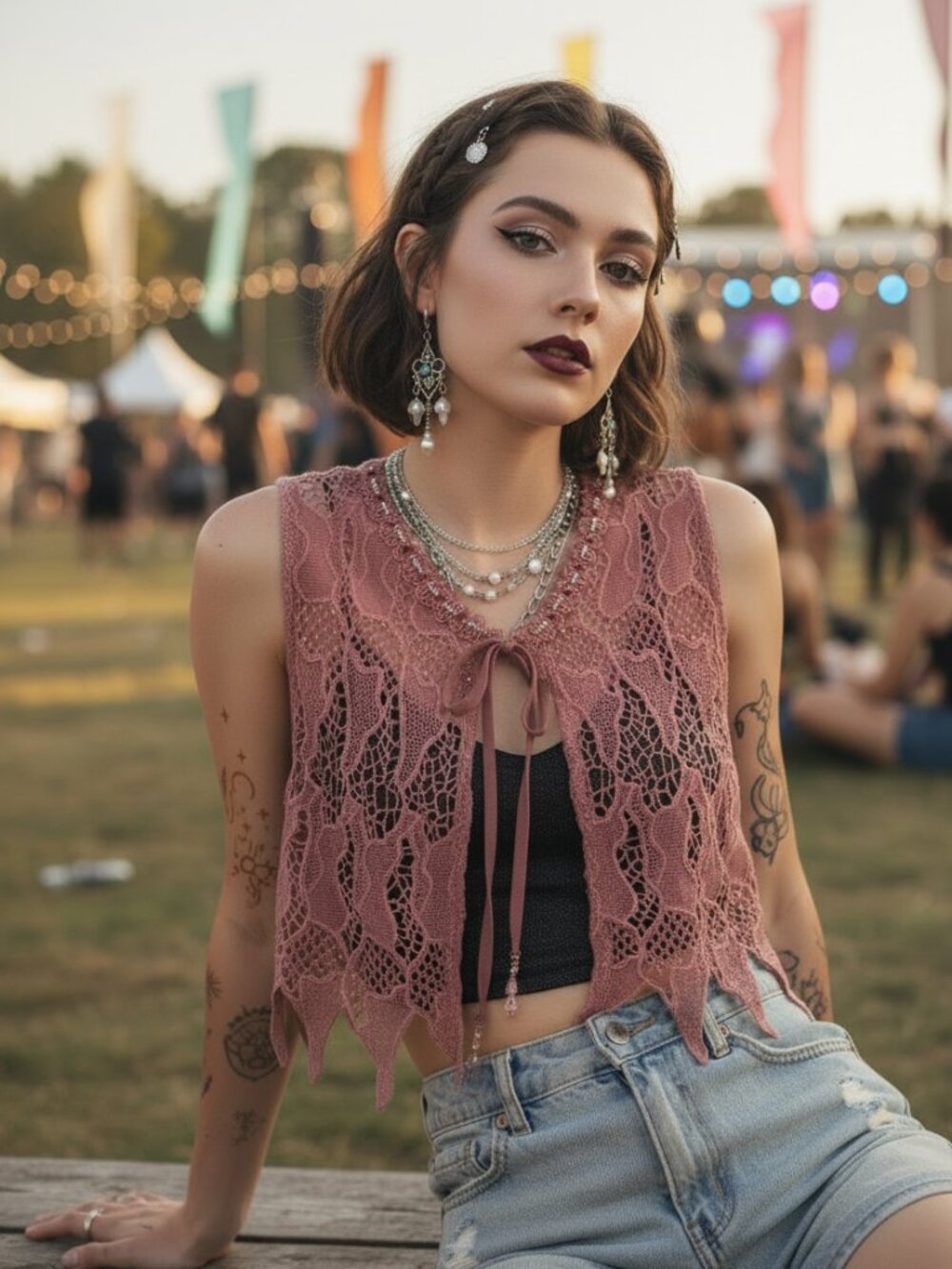 Fairycore Beaded Lace Vest Top